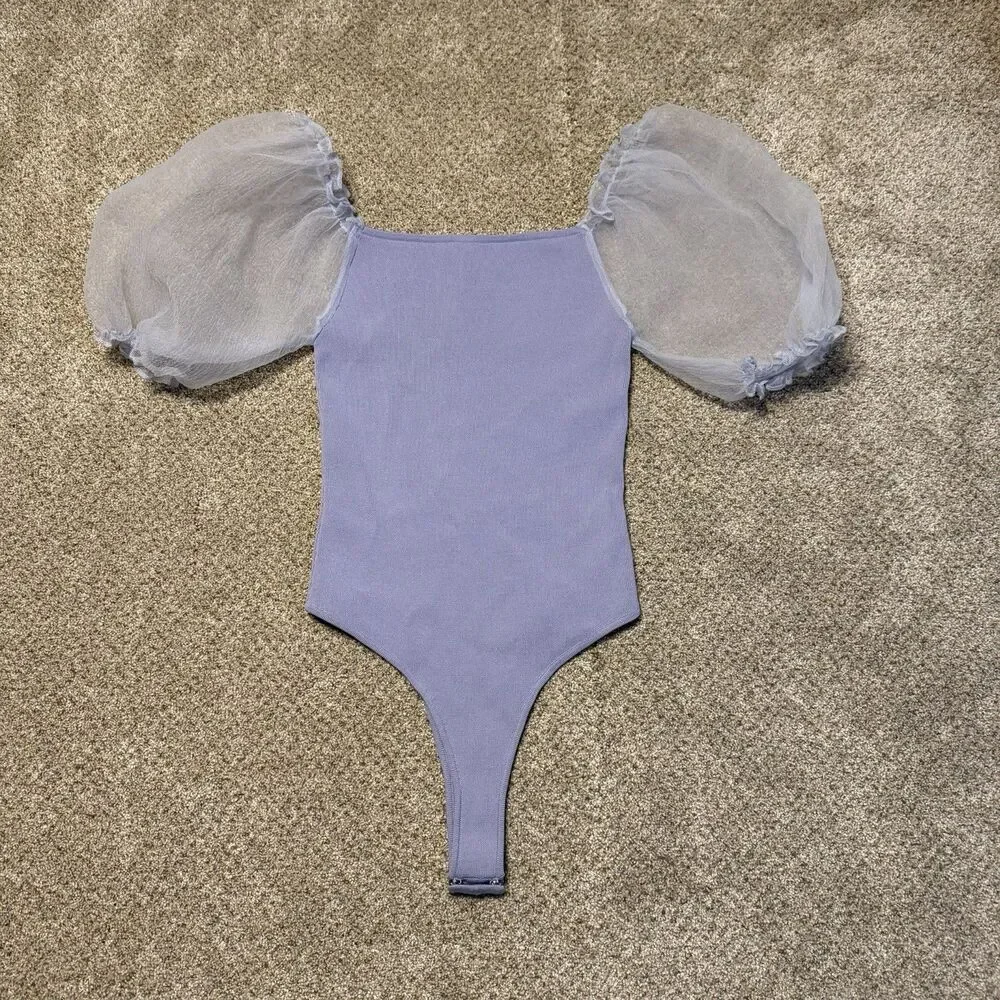 ASTR the Label Darling Sheer Puff Sleeve Ribbed Bodysuit Periwinkle Medium